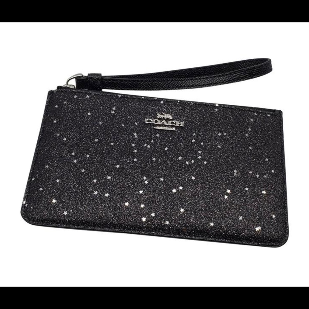 Coach F38641 Star Glitter Black/Silver Leather Wristlet 7"L x 0.75"W x 4.25"H,